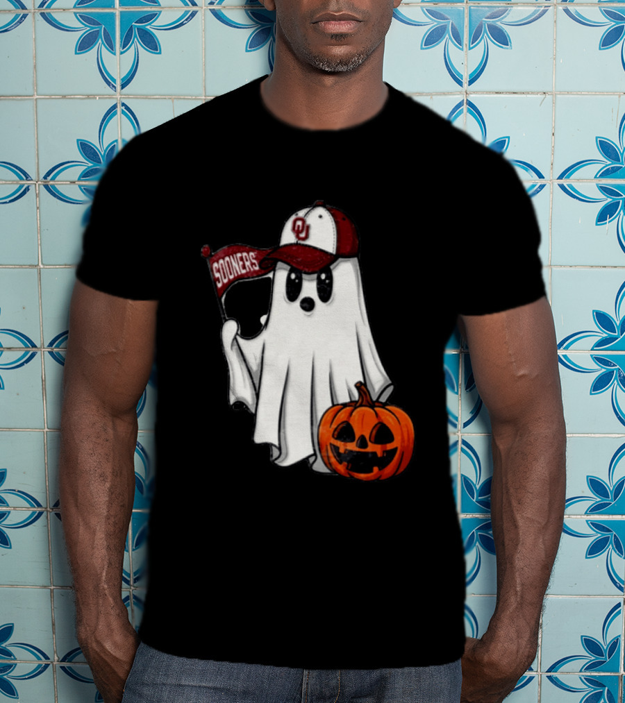 Oklahoma Sooners Ghost With Pumpkin Halloween Fan Gear T-Shirt