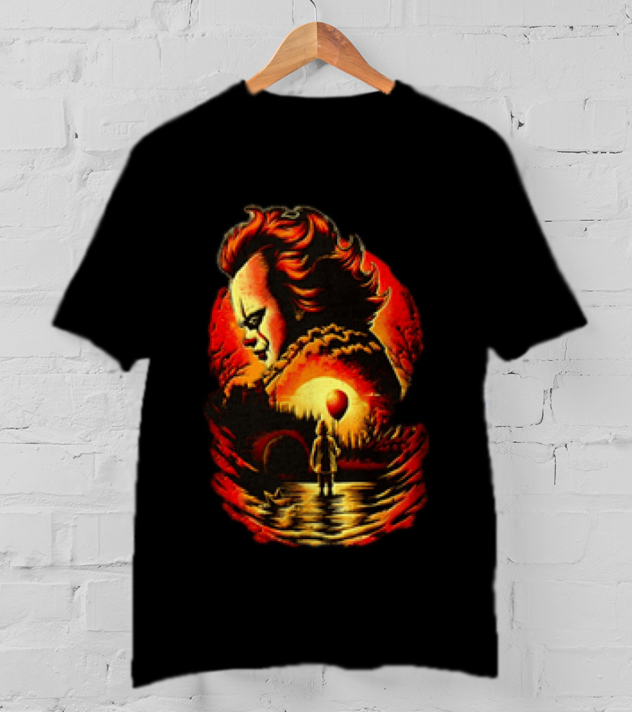 Pennywise IT Clown Face With Red Balloon And Sunset Scene T-Shirt