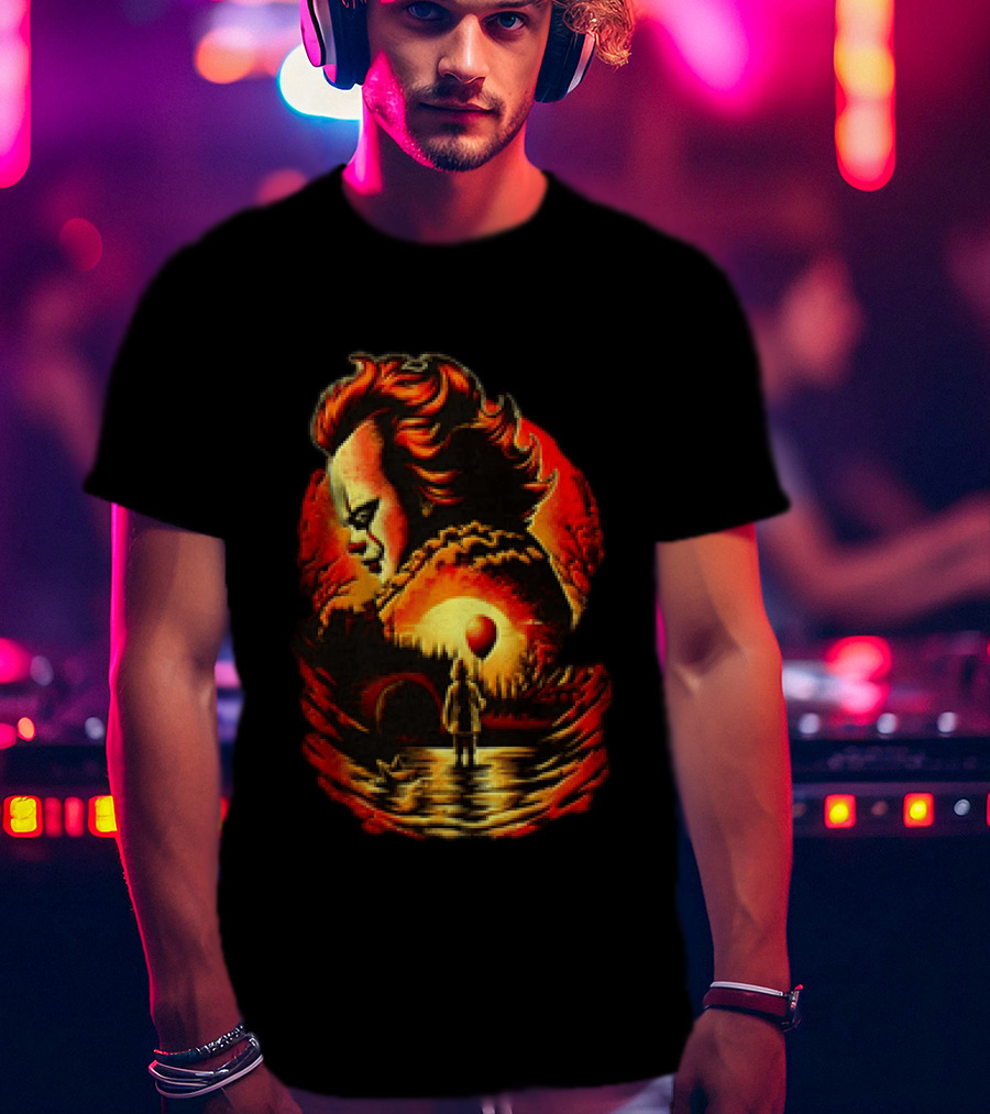 Pennywise IT Clown Face With Red Balloon And Sunset Scene T-Shirt