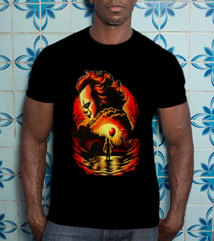 Pennywise IT Clown Face With Red Balloon And Sunset Scene T-Shirt