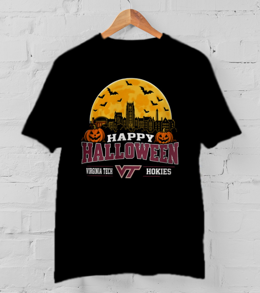 Virginia Tech Hokies Happy Halloween VT Skyline Pumpkins Bats Moon 2026 T-Shirt