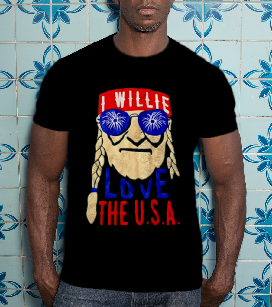 I Willie Nelson Love The U.S.A. Braided Hair Fireworks Sunglasses T-Shirt