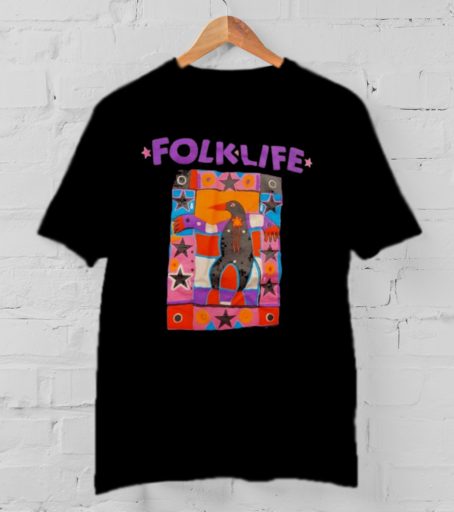 1992 Northwest Folklife Festival Black Seattle USA 90s Colorful Folk Art Bird Stars T-Shirt