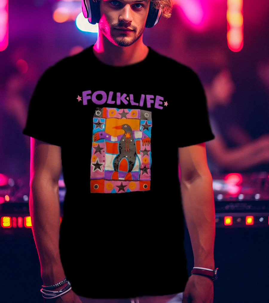 1992 Northwest Folklife Festival Black Seattle USA 90s Colorful Folk Art Bird Stars T-Shirt