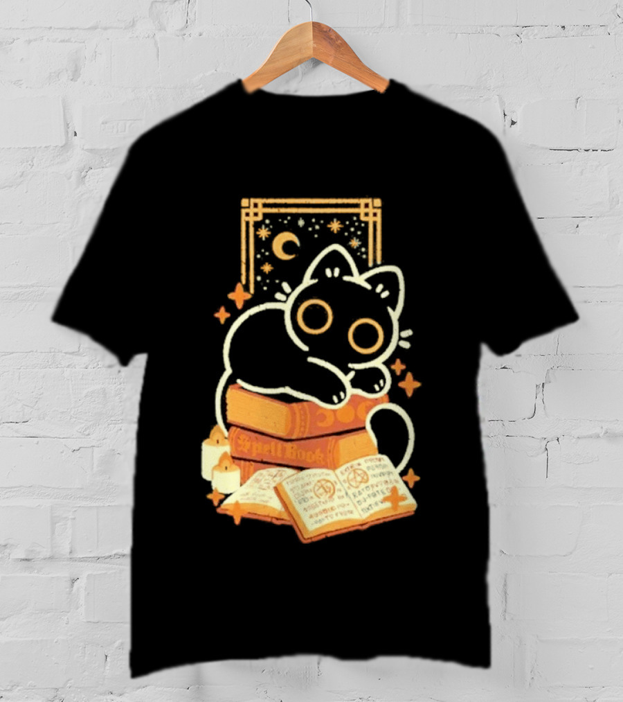 Black Cat Spell Book Candles Moon Stars Mystical Scene T-Shirt