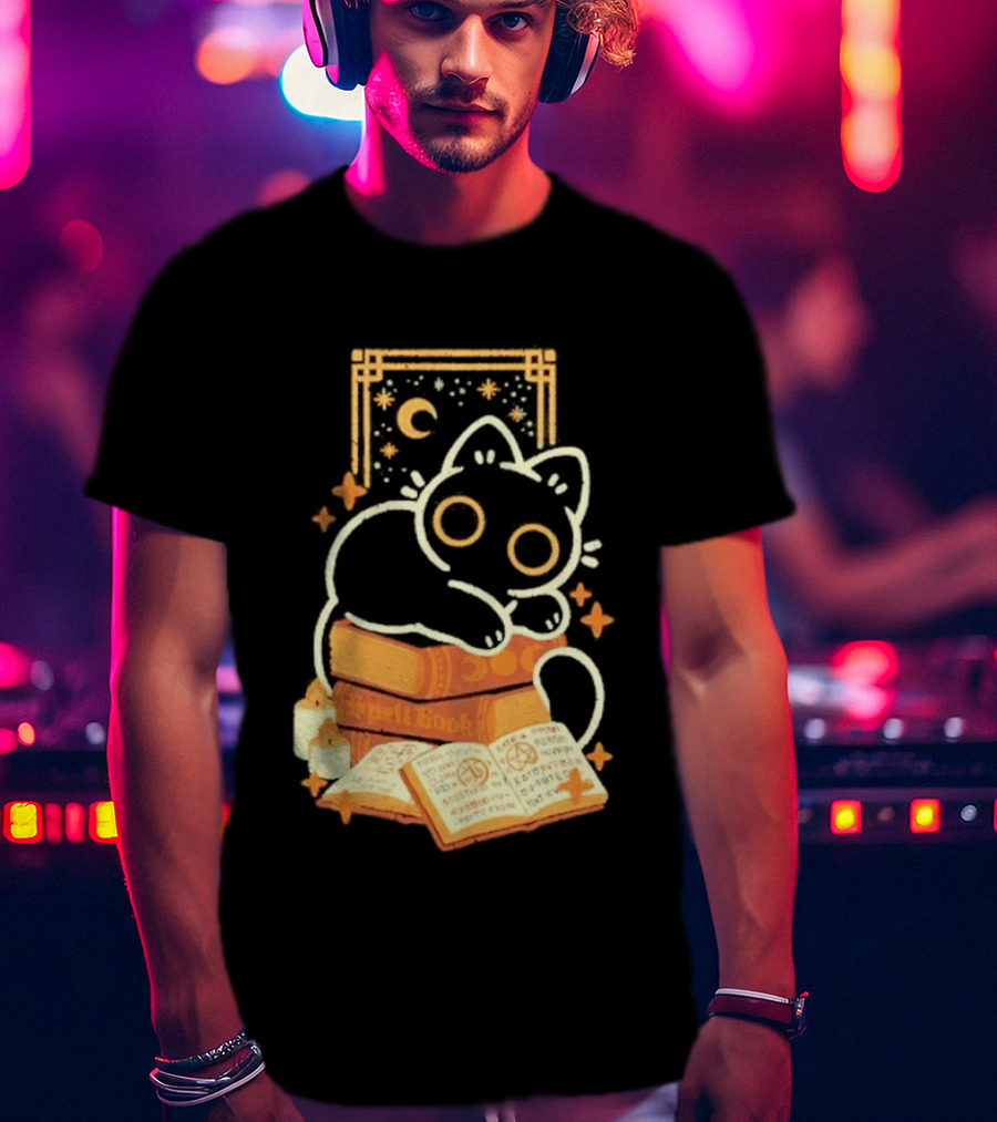 Black Cat Spell Book Candles Moon Stars Mystical Scene T-Shirt