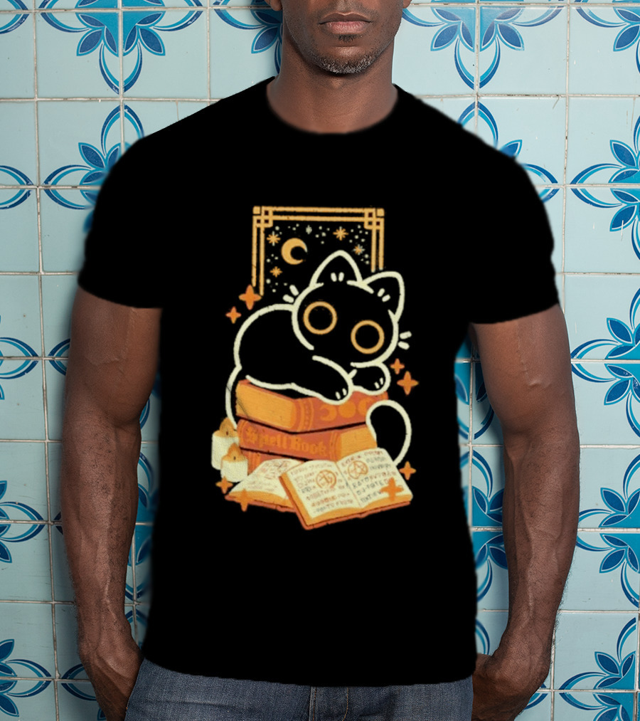 Black Cat Spell Book Candles Moon Stars Mystical Scene T-Shirt