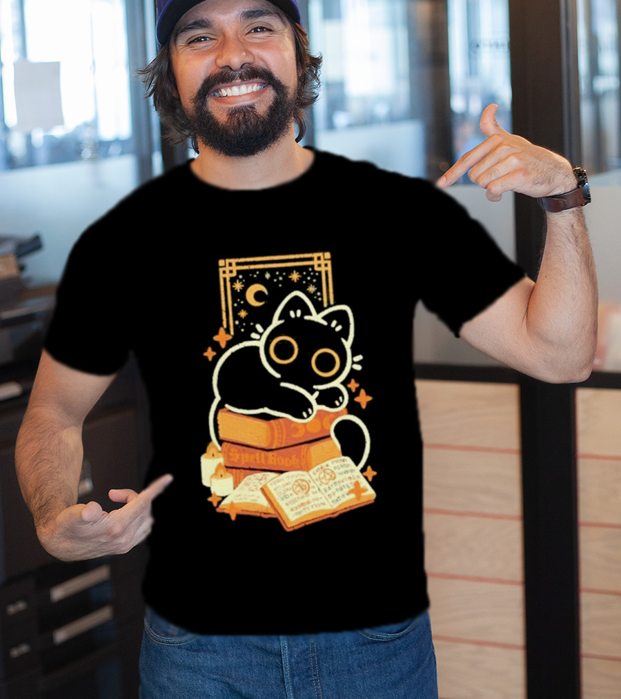 Black Cat Spell Book Candles Moon Stars Mystical Scene T-Shirt