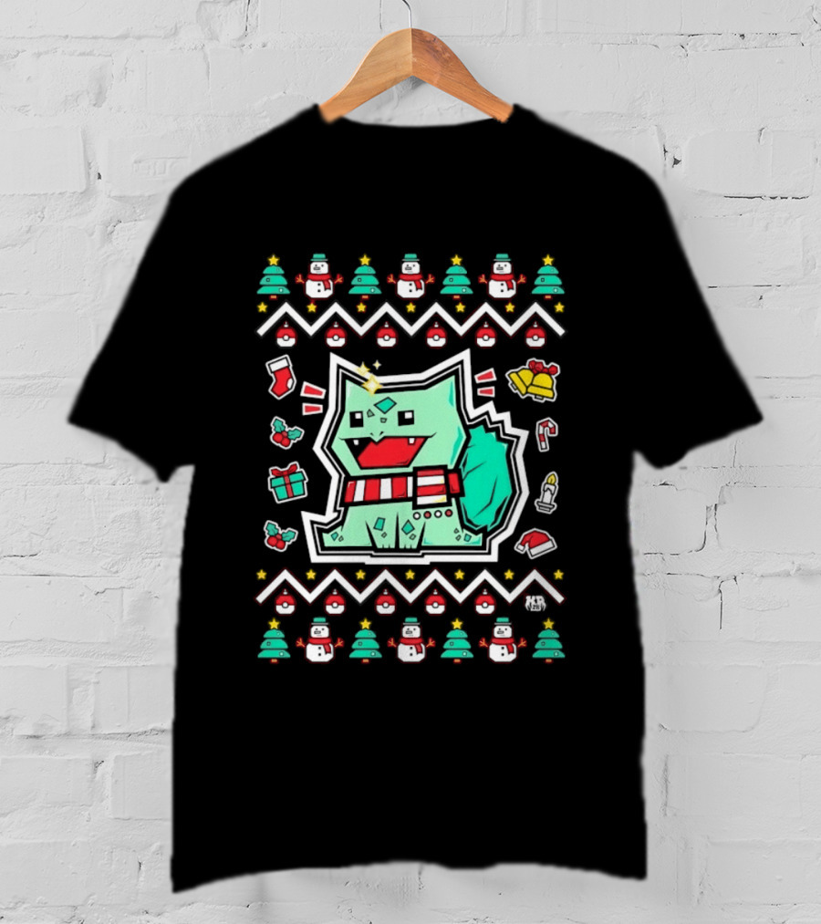 Bulbasaur Christmas Holiday Ugly Sweater Pattern With Snowmen And Presents T-Shirt