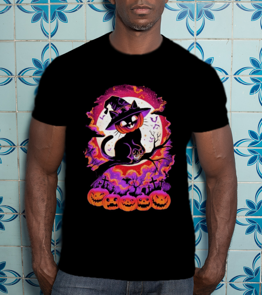Halloween Cat O'Lantern Witch Hat Spooky Jack O' Lanterns Graveyard Scene T-Shirt