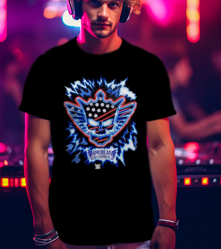 Cody Rhodes WWE American Nightmare Skull Logo With Stars And Stripes Electric Blue T-Shirt