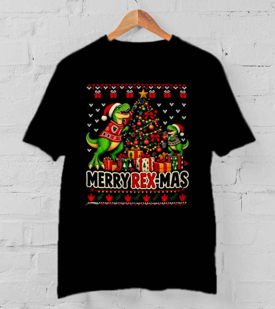Merry Rex Mas Rex Dinosaur Christmas Tree Santa Hats T-Shirt