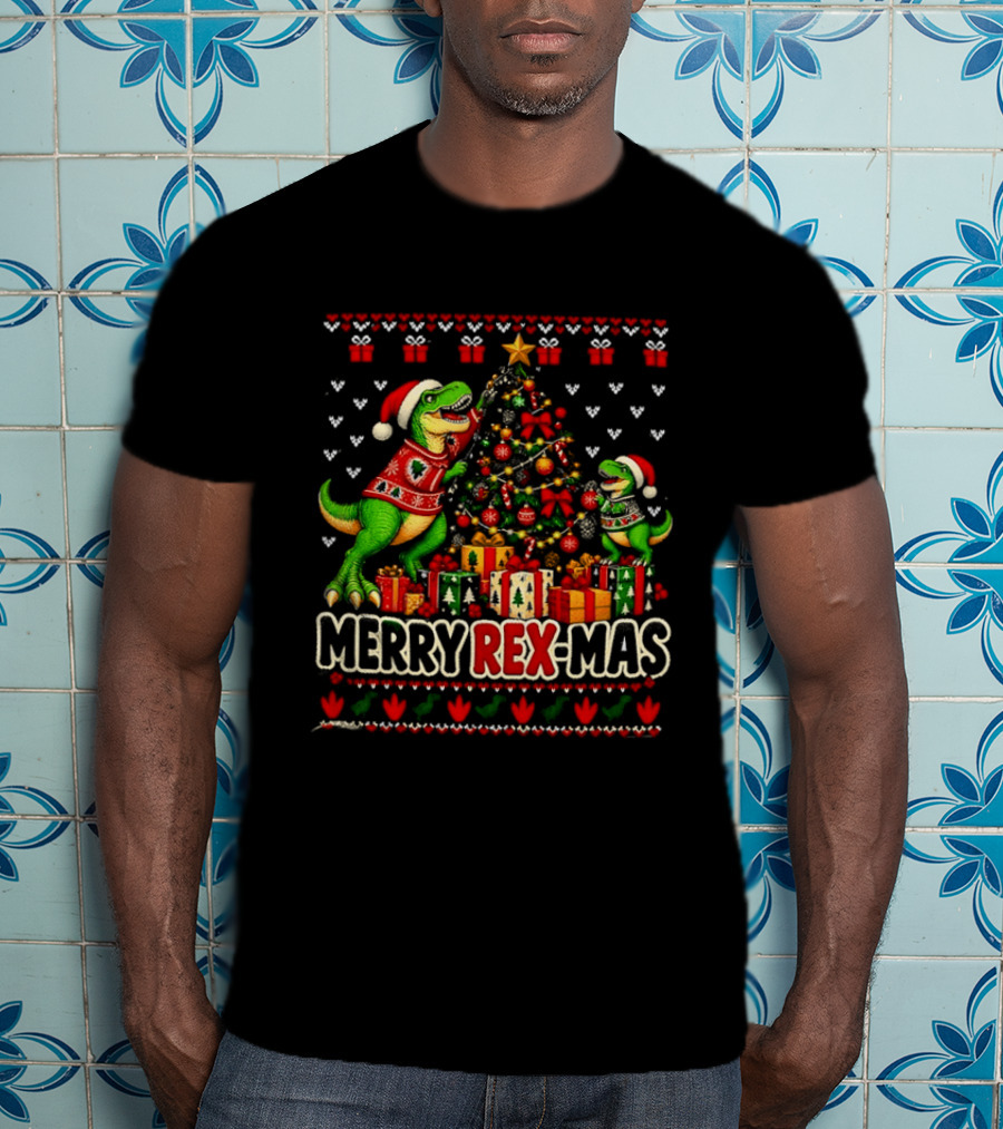 Merry Rex Mas Rex Dinosaur Christmas Tree Santa Hats T-Shirt