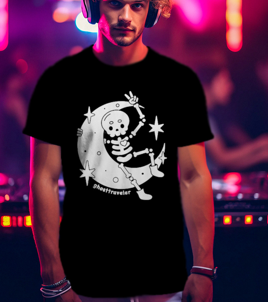 Ghosttraveler Skeleton On The Moon With Stars Spooky Halloween T-Shirt
