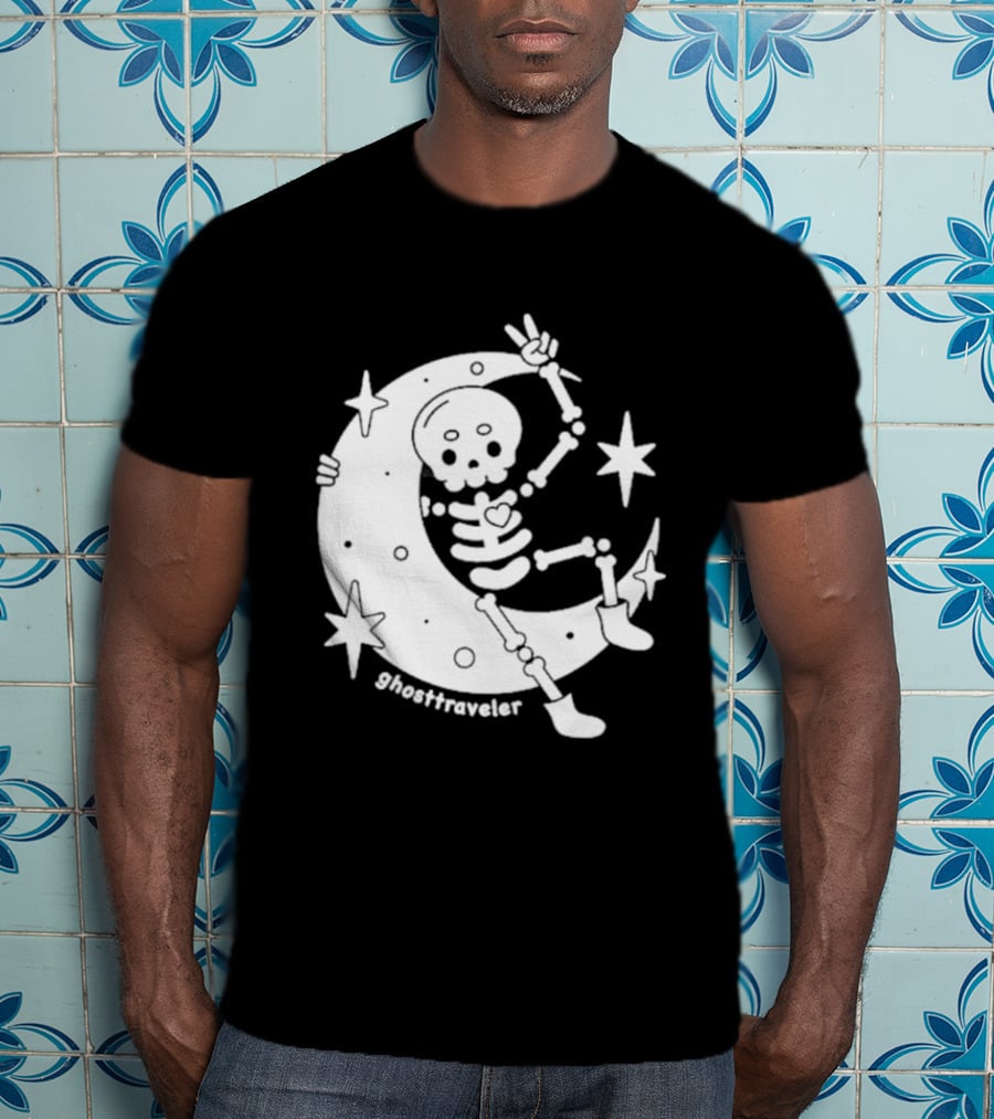 Ghosttraveler Skeleton On The Moon With Stars Spooky Halloween T-Shirt