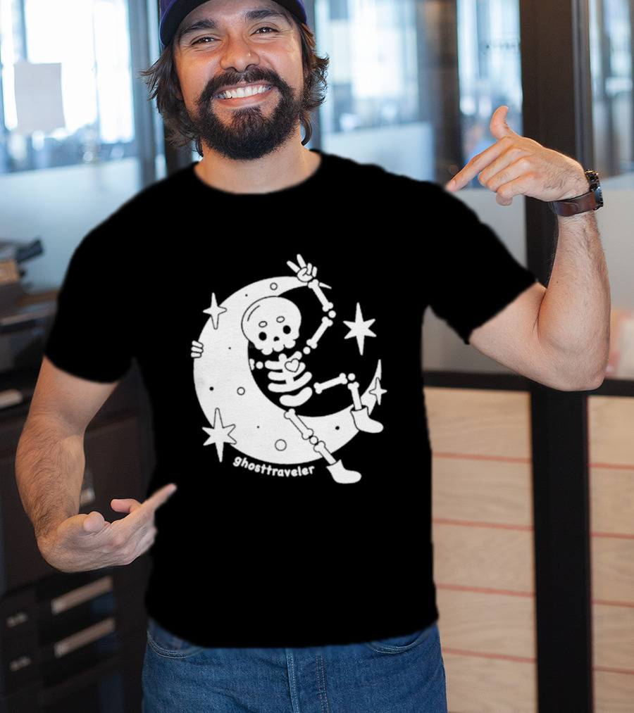 Ghosttraveler Skeleton On The Moon With Stars Spooky Halloween T-Shirt