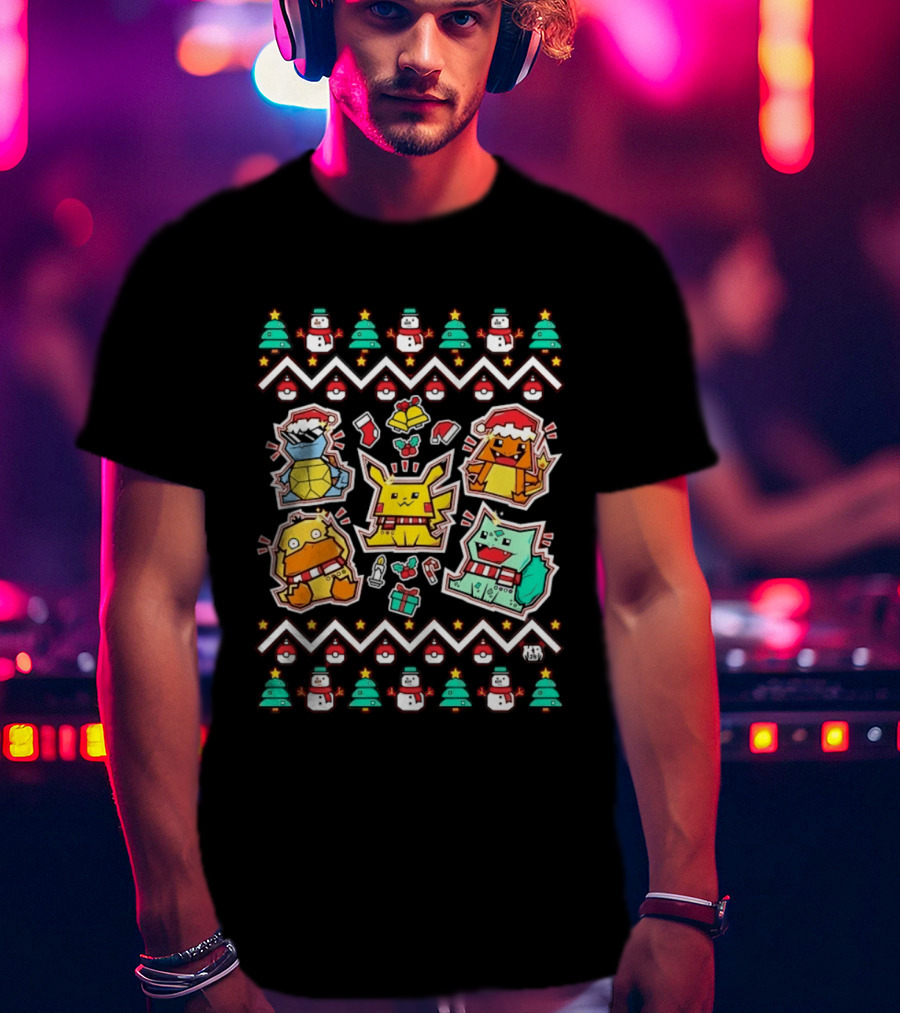 Pokemon Christmas Pikachu Charmander Snorlax Psyduck Holiday Sweater Characters T-Shirt