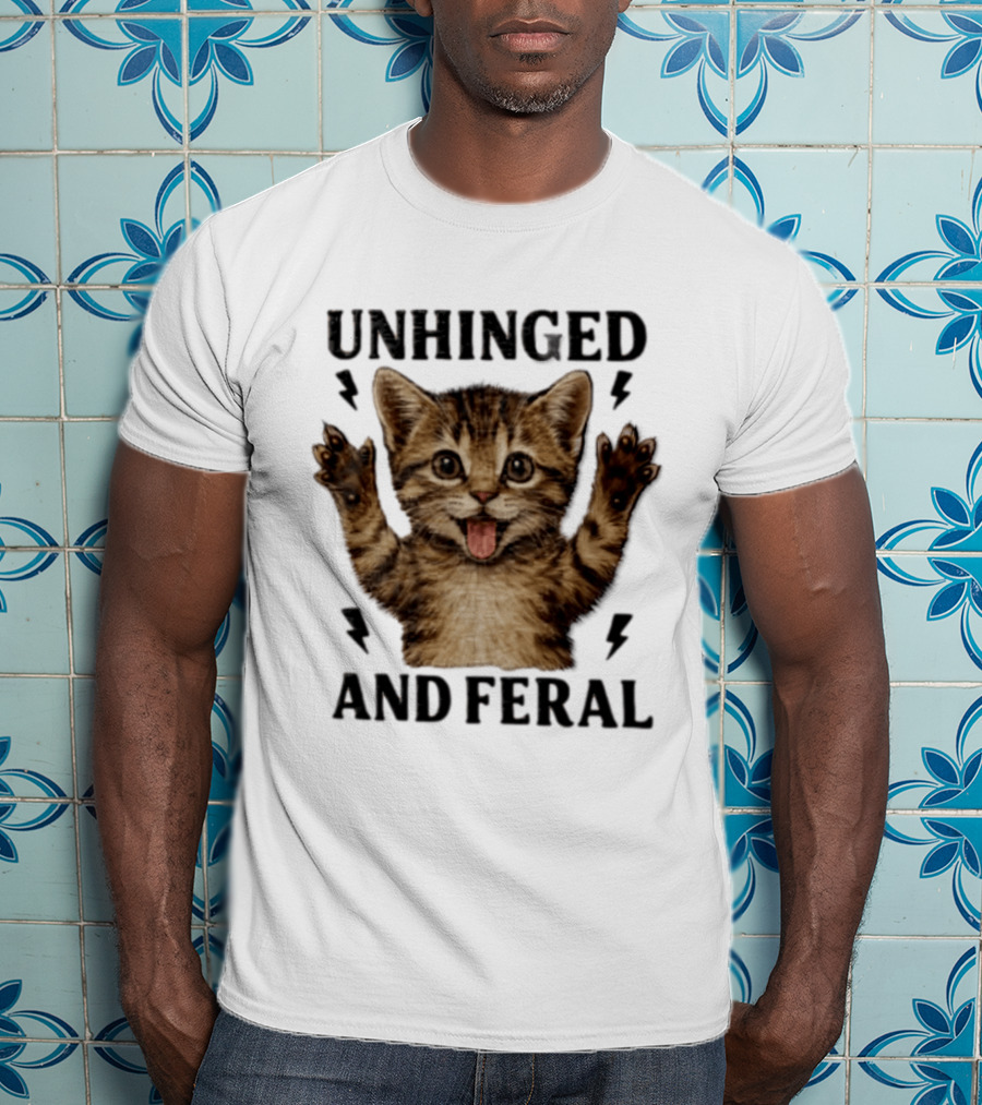 Unhinged And Feral Tabby Kitten Paws Up Tongue Out Cute Cat Lover's Humor T-Shirt