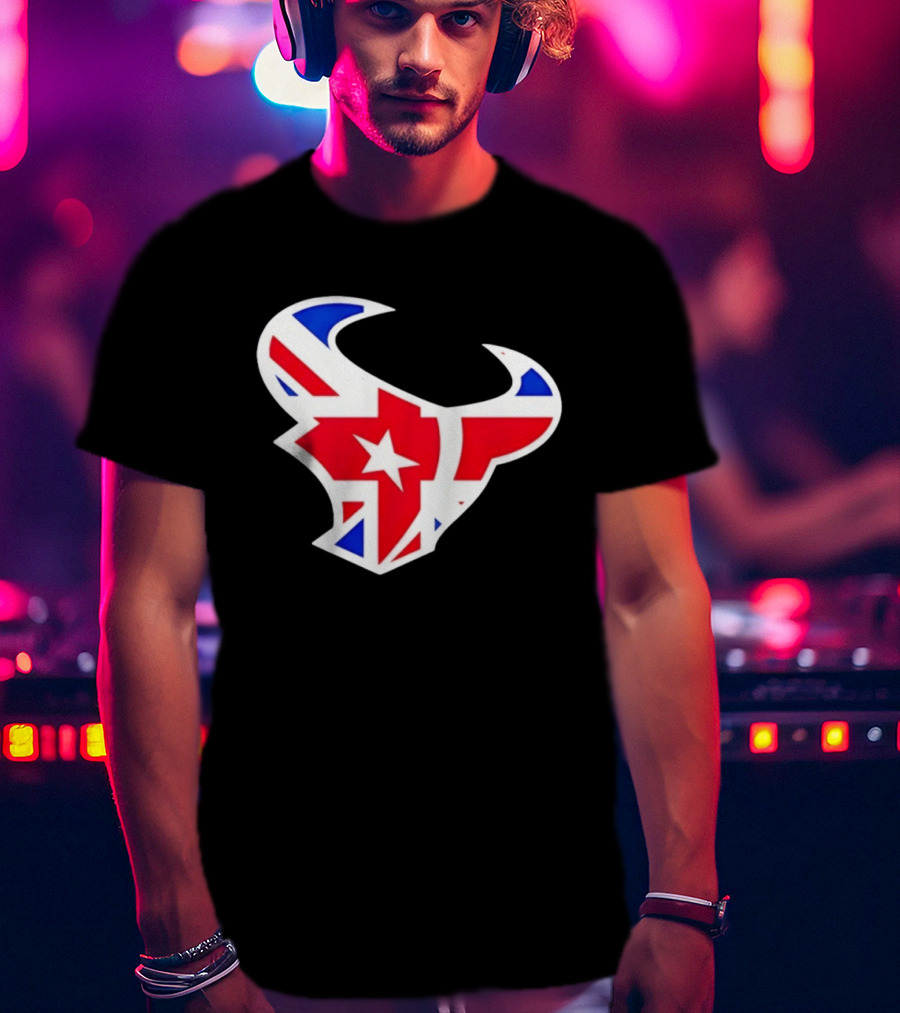 2026 Houston Texans London Game Union Jack Bull Football Event T-Shirt