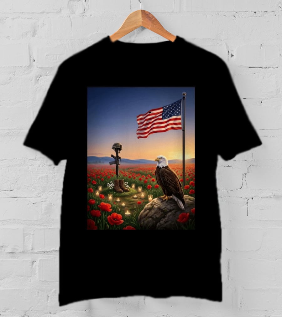 Battlefield Cross American Flag Eagle Honor Our Fallen Heroes Poppy Field T-Shirt