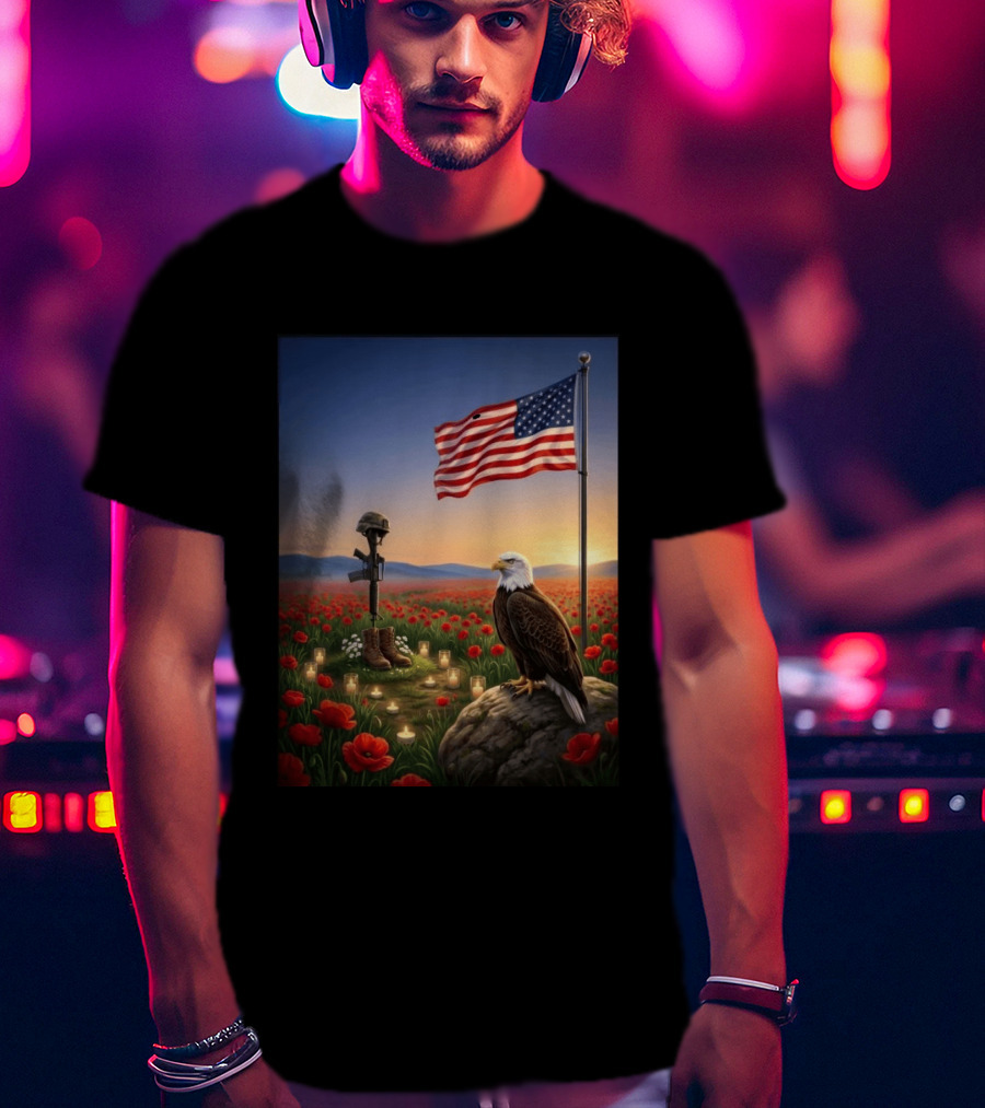 Battlefield Cross American Flag Eagle Honor Our Fallen Heroes Poppy Field T-Shirt