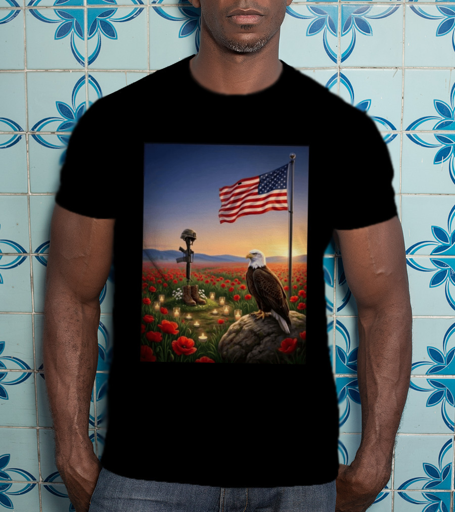 Battlefield Cross American Flag Eagle Honor Our Fallen Heroes Poppy Field T-Shirt