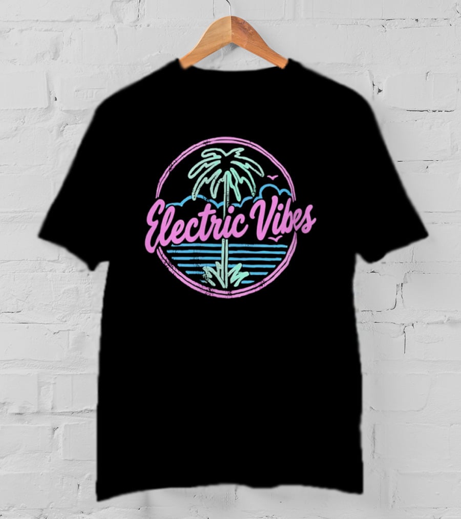 Electric Vibes Distressed Palm Tree Tropical Sunset Beach T-Shirt