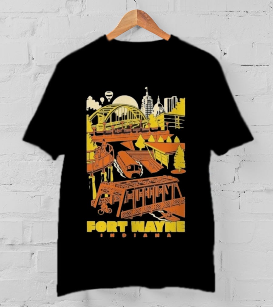 Fort Wayne Indiana Riverfront Yellow Orange Skyline And Bridges T-Shirt