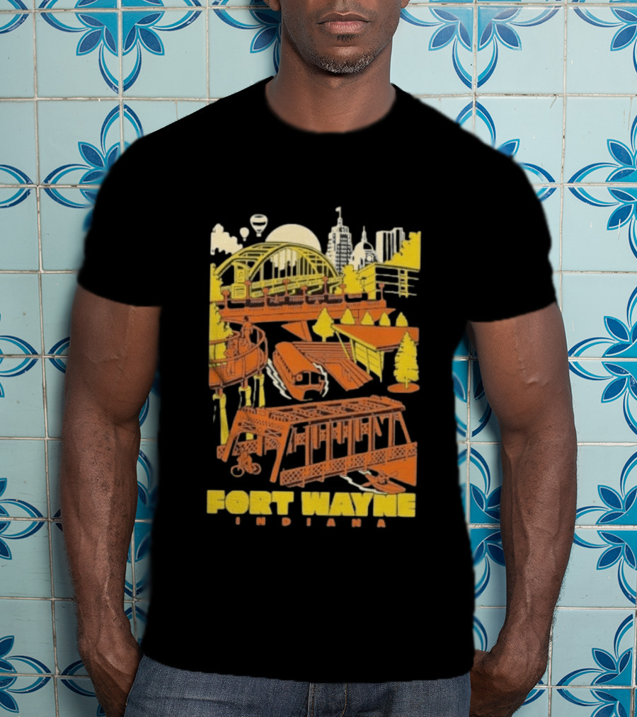 Fort Wayne Indiana Riverfront Yellow Orange Skyline And Bridges T-Shirt