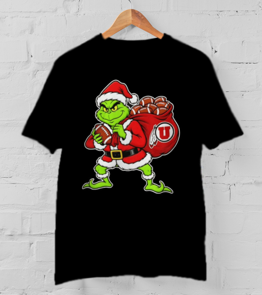 Santa Grinch Utah Utes With Chiefs Footballs Christmas T-Shirt