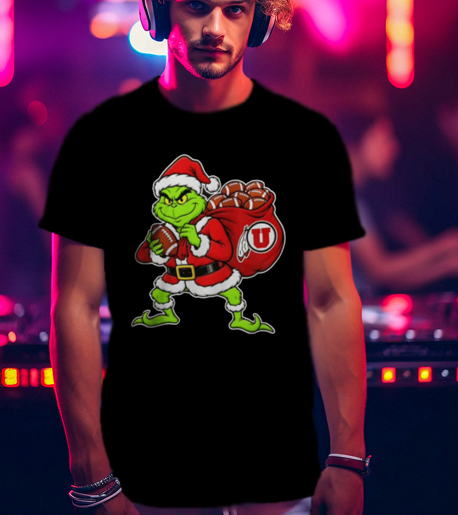 Santa Grinch Utah Utes With Chiefs Footballs Christmas T-Shirt