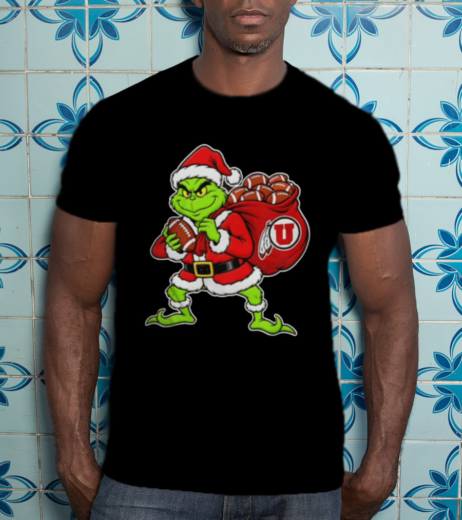 Santa Grinch Utah Utes With Chiefs Footballs Christmas T-Shirt
