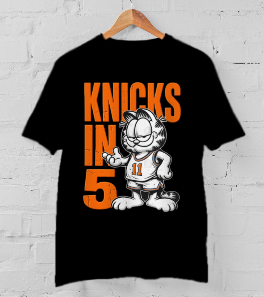 Knicks In 5 Cartoon Cat Wearing Basketball Jersey T-Shirt