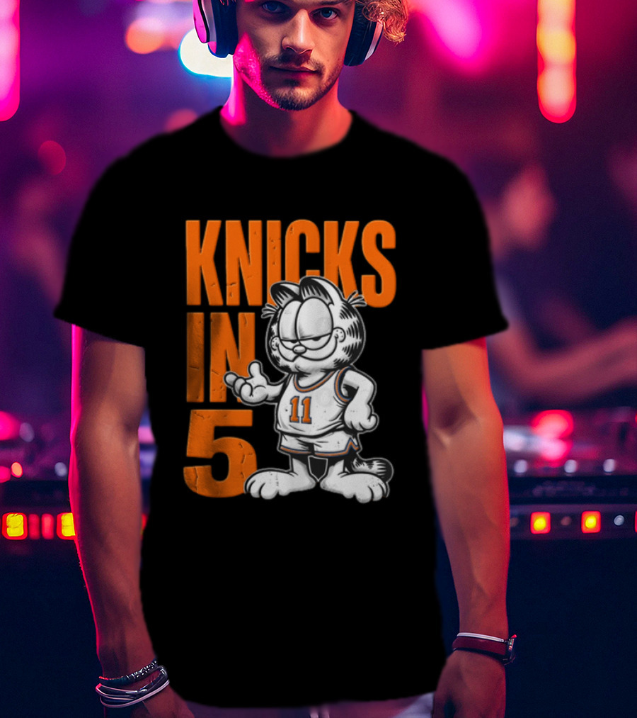 Knicks In 5 Cartoon Cat Wearing Basketball Jersey T-Shirt