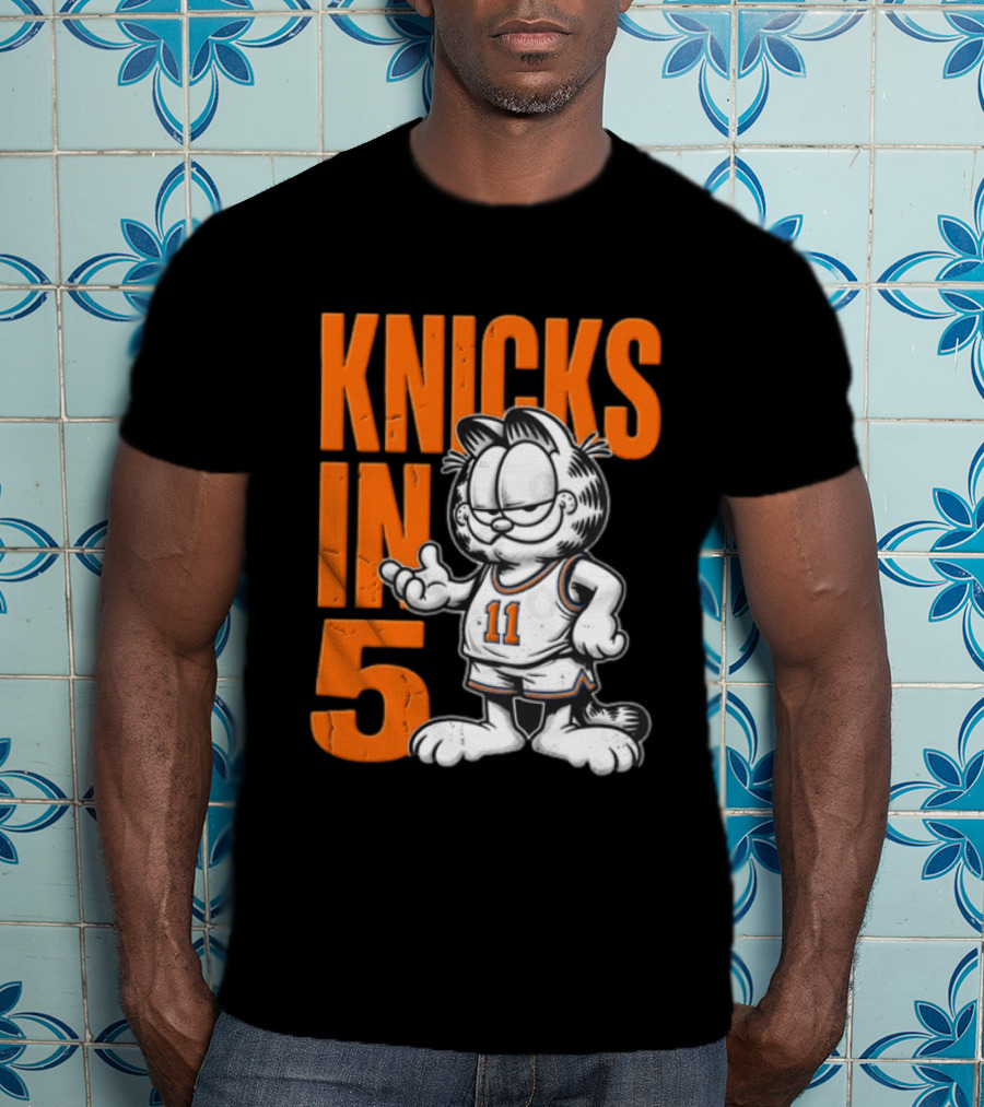 Knicks In 5 Cartoon Cat Wearing Basketball Jersey T-Shirt