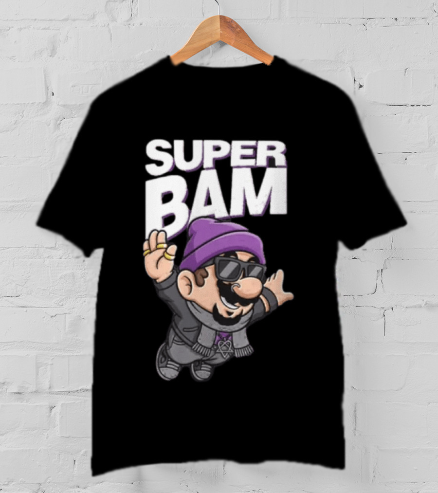 Super Bam Margera Cartoon Style Jackass Purple Beanie Sunglasses Rugged Look T-Shirt