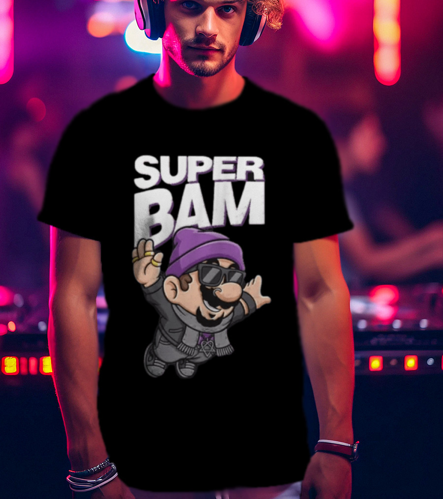 Super Bam Margera Cartoon Style Jackass Purple Beanie Sunglasses Rugged Look T-Shirt