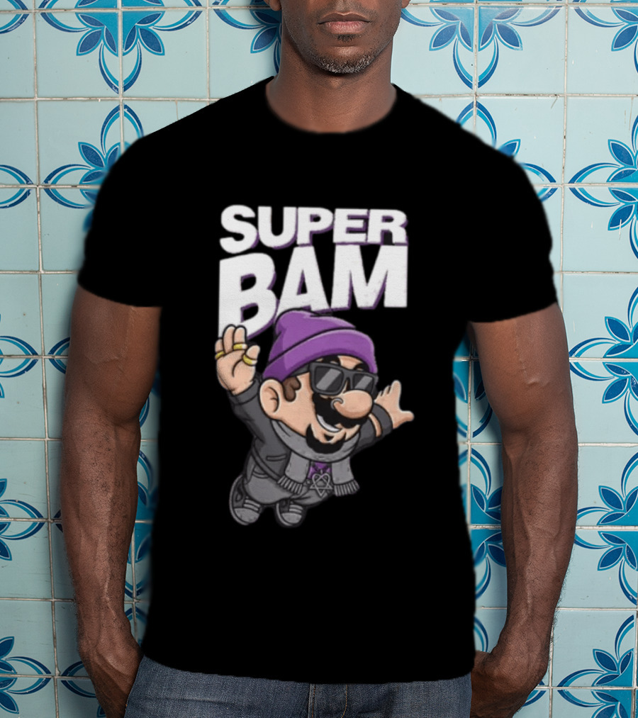 Super Bam Margera Cartoon Style Jackass Purple Beanie Sunglasses Rugged Look T-Shirt