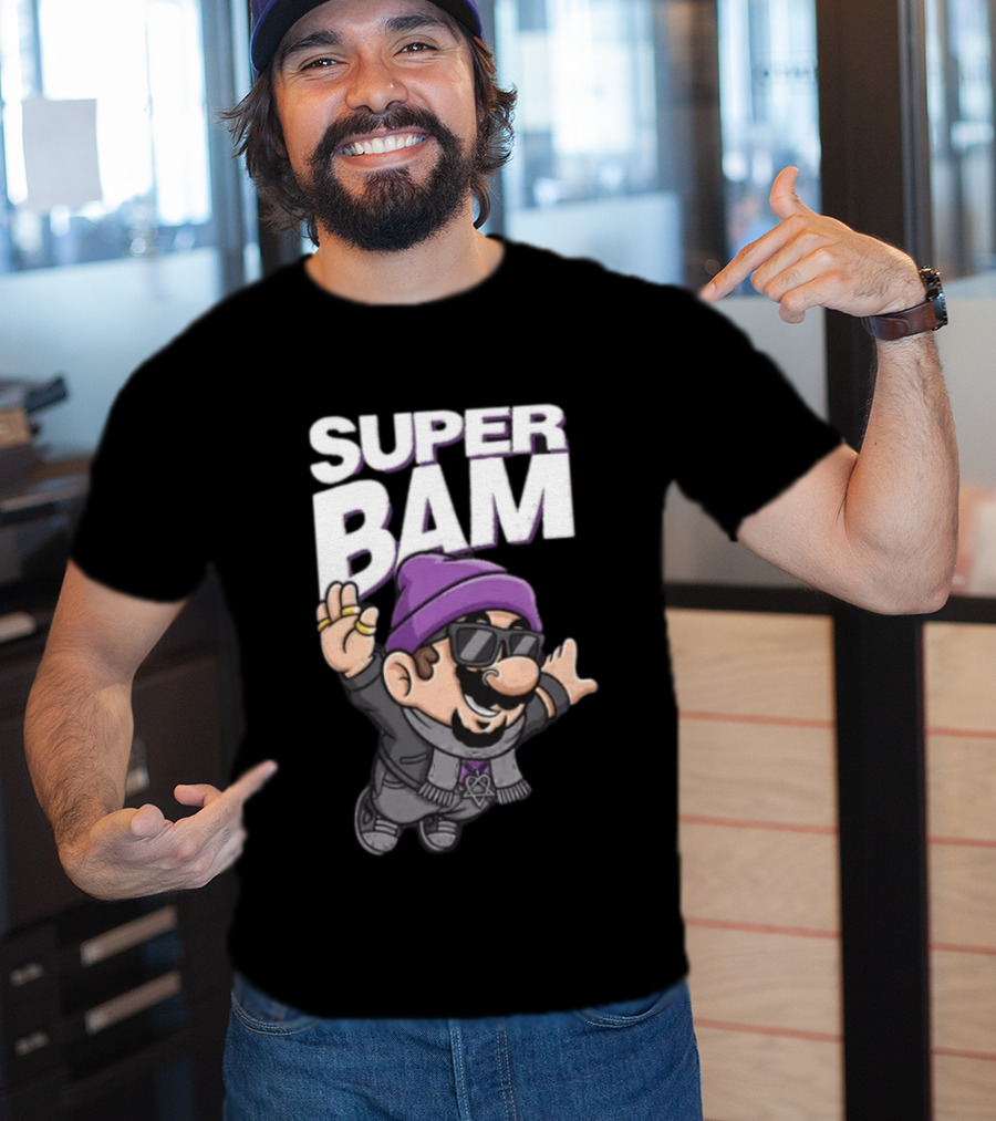 Super Bam Margera Cartoon Style Jackass Purple Beanie Sunglasses Rugged Look T-Shirt