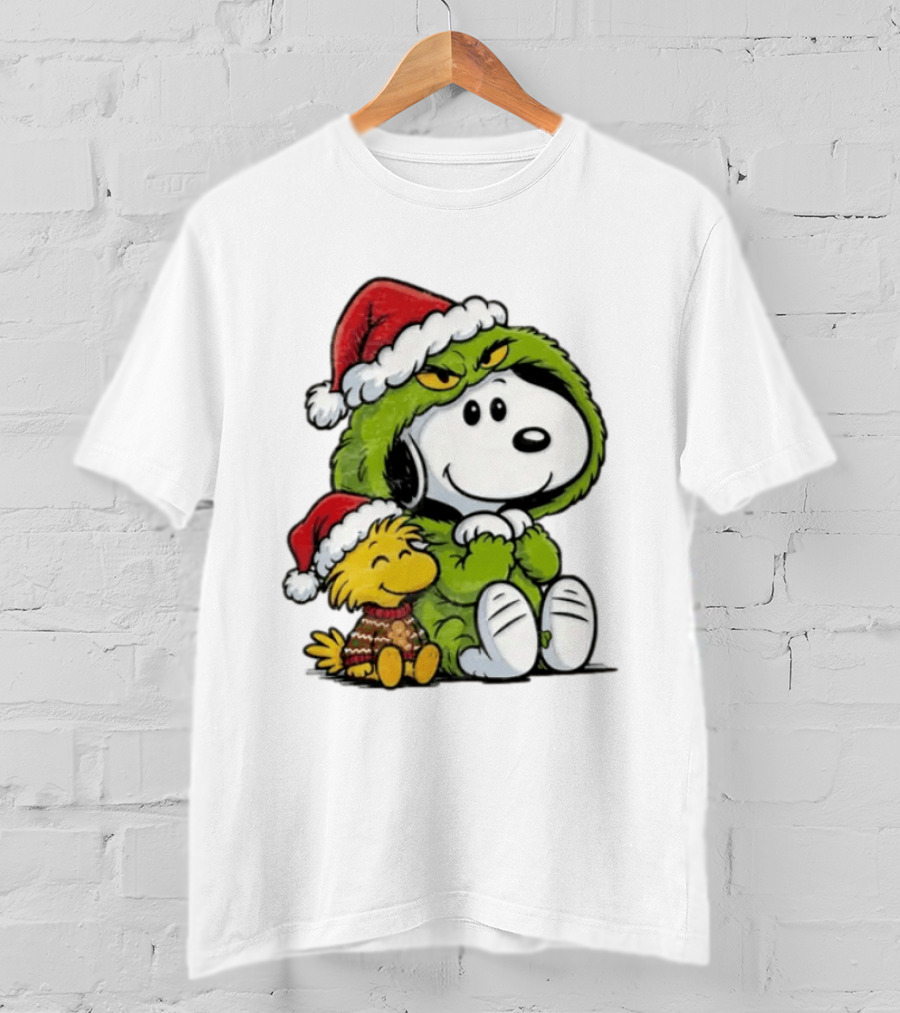 Snoopy And Woodstock In Grinch Costumes With Santa Hats Christmas T-Shirt