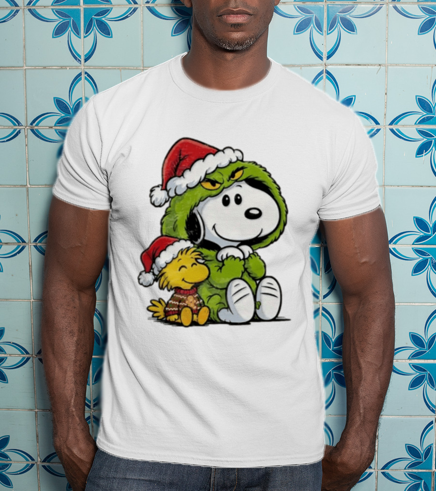 Snoopy And Woodstock In Grinch Costumes With Santa Hats Christmas T-Shirt
