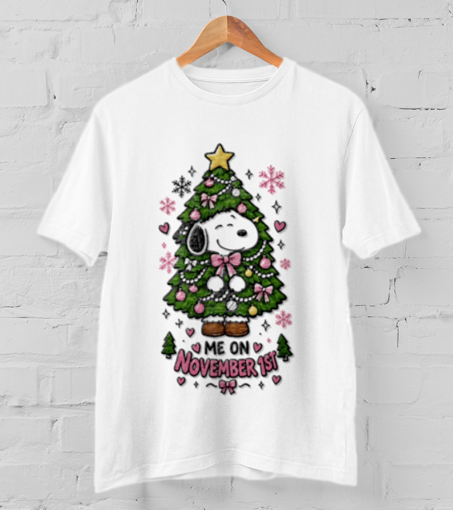 Christmas Snoopy November 1st Dressed As Christmas Tree With Pink Bows T-Shirt