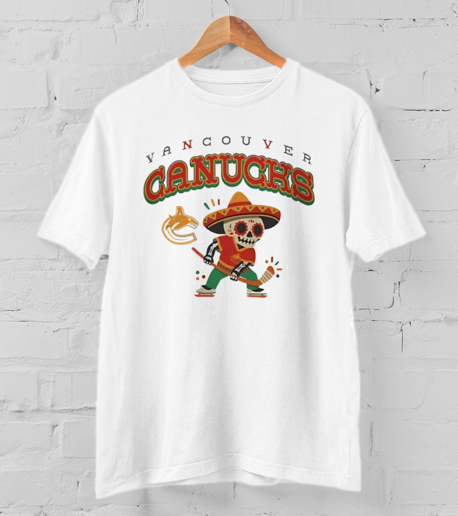 Vancouver Canucks Dia De Los Muertos Sugar Skull Hockey Player T-Shirt
