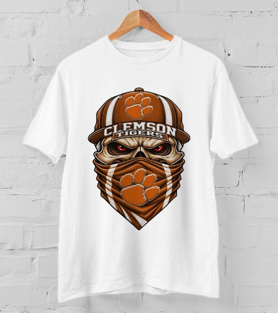Clemson Tigers Skull Mask With Paw Cap T-Shirt