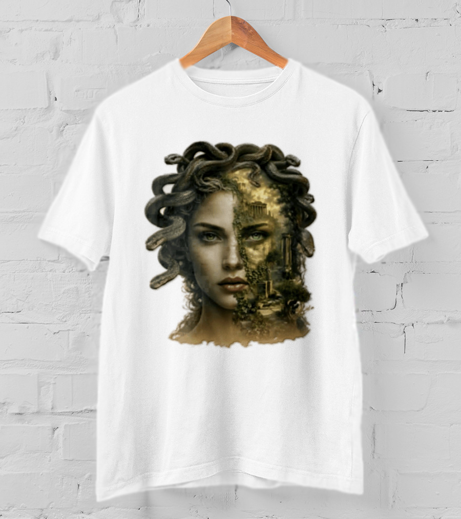 Medusa Woman Face Snakes Hair Ancient Ruins T-Shirt