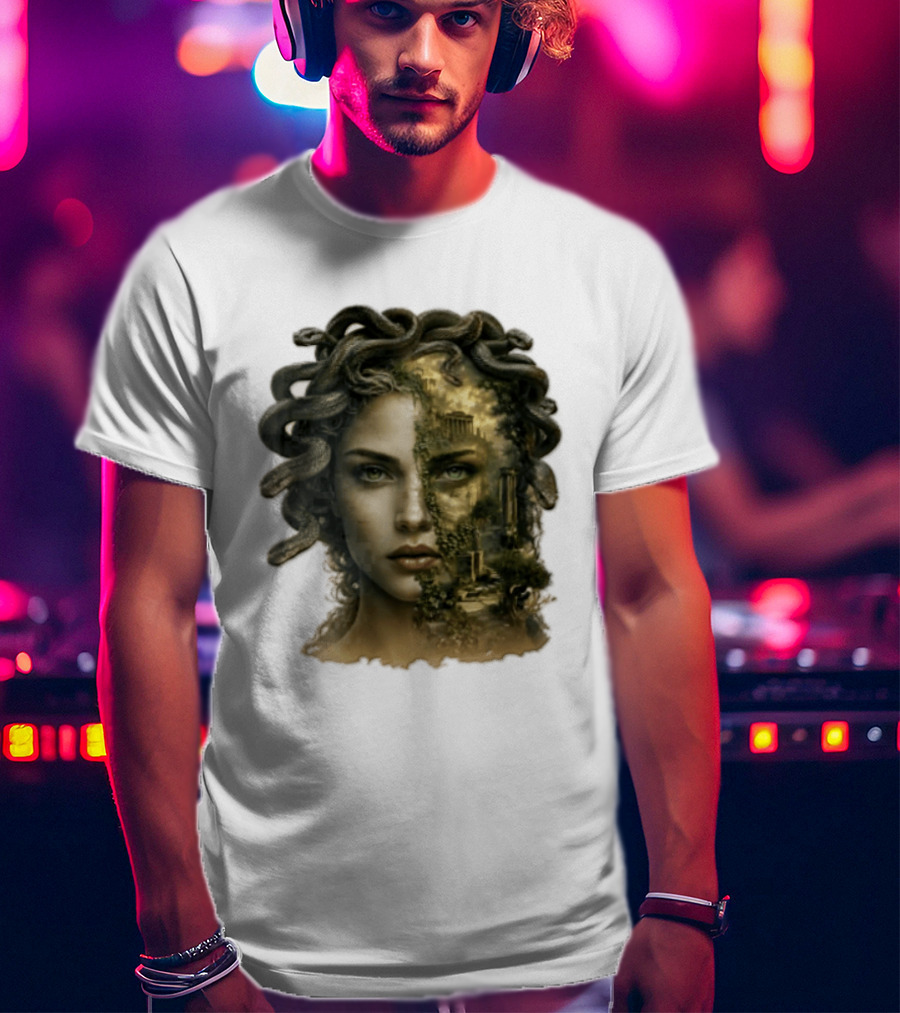Medusa Woman Face Snakes Hair Ancient Ruins T-Shirt