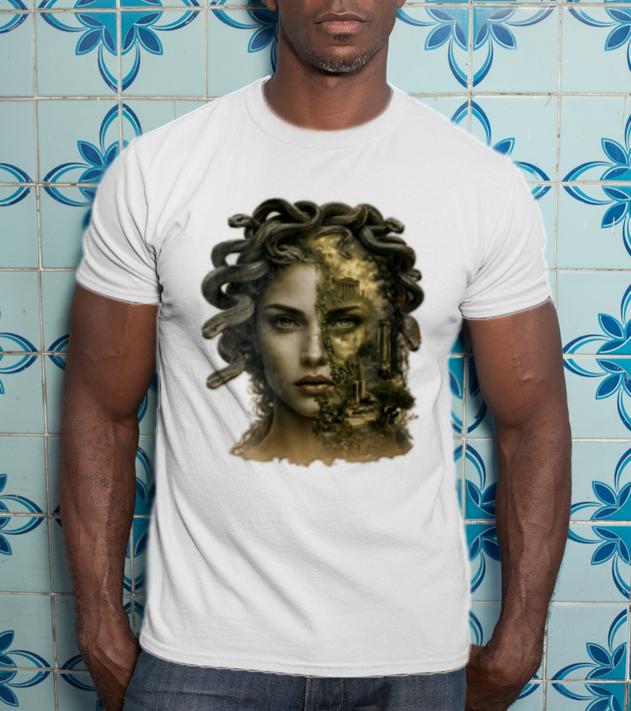 Medusa Woman Face Snakes Hair Ancient Ruins T-Shirt