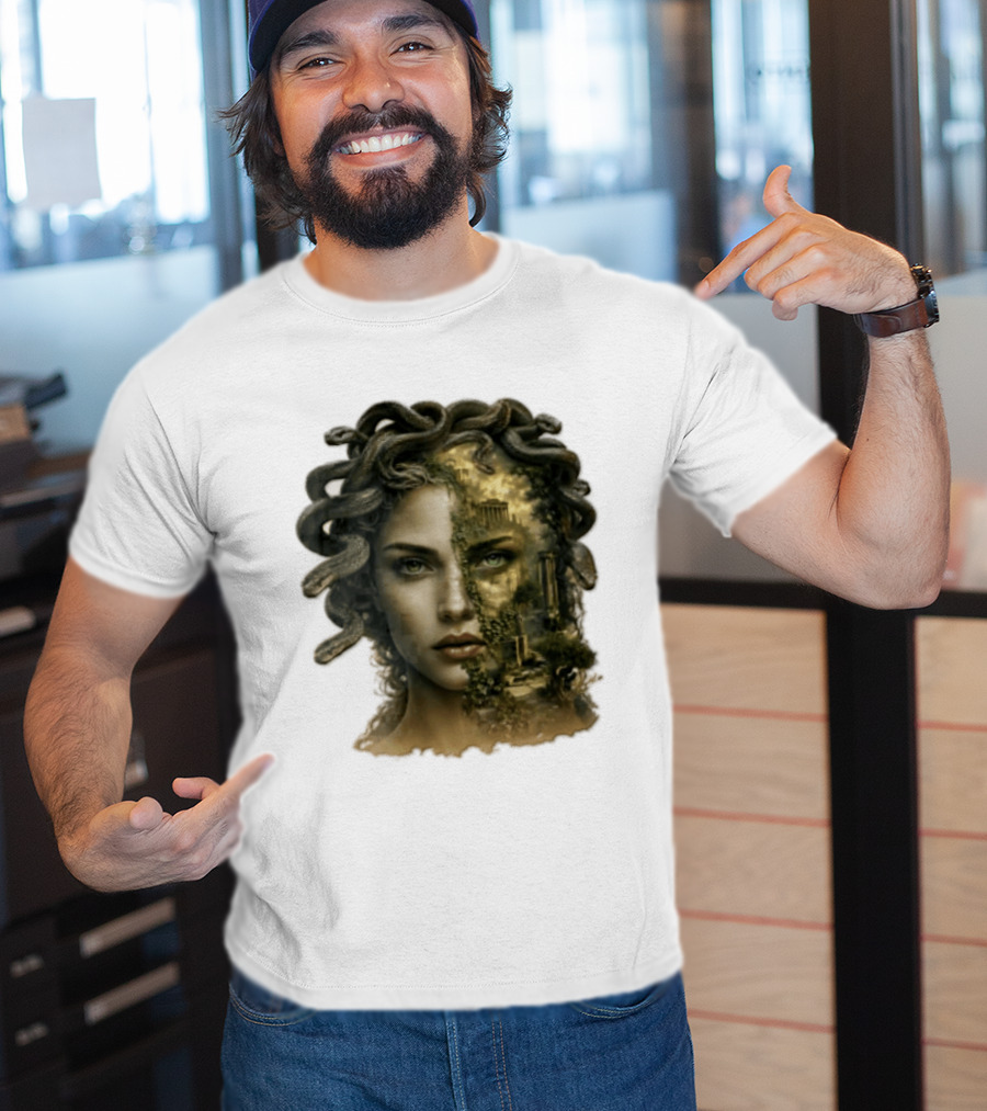 Medusa Woman Face Snakes Hair Ancient Ruins T-Shirt