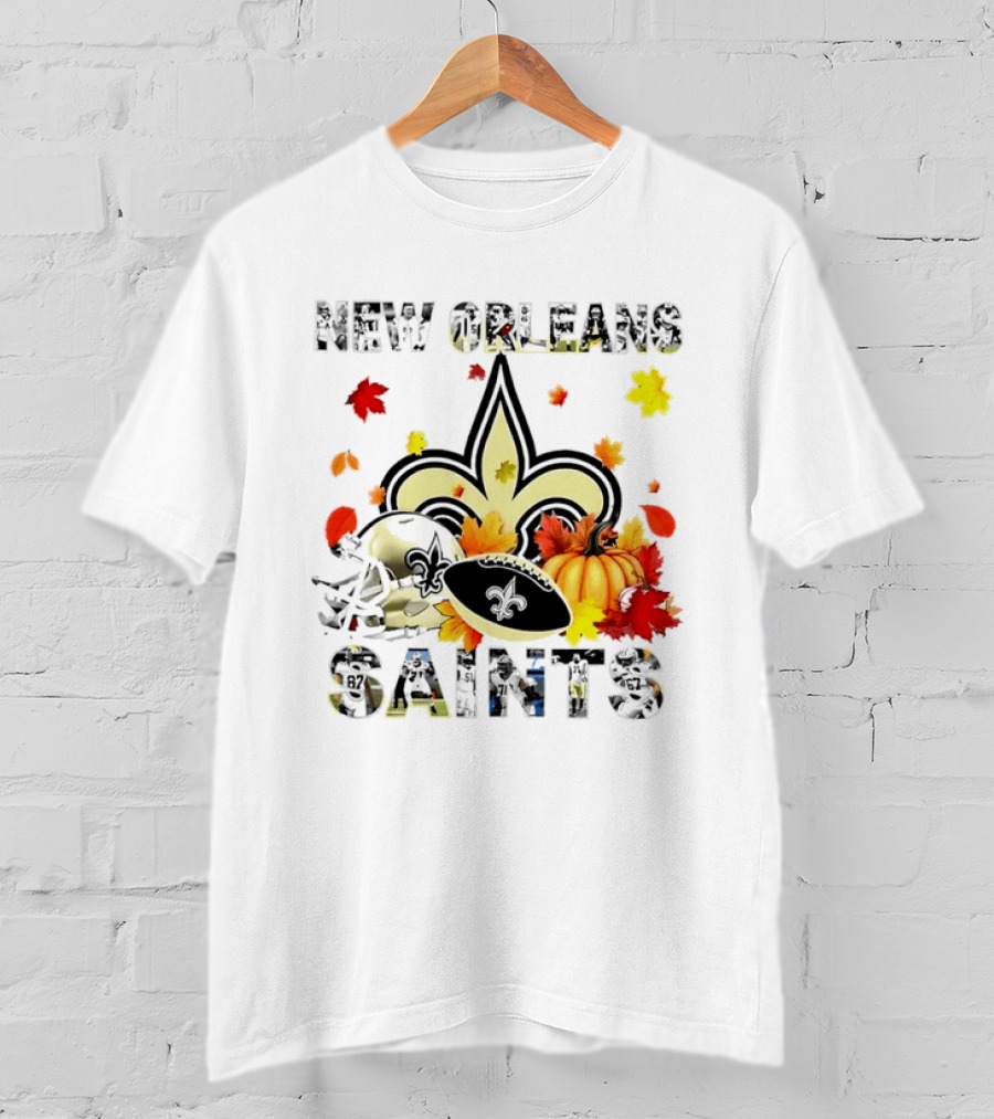 New Orleans Saints Autumn 2026 Pumpkin Leaves Football T-Shirt
