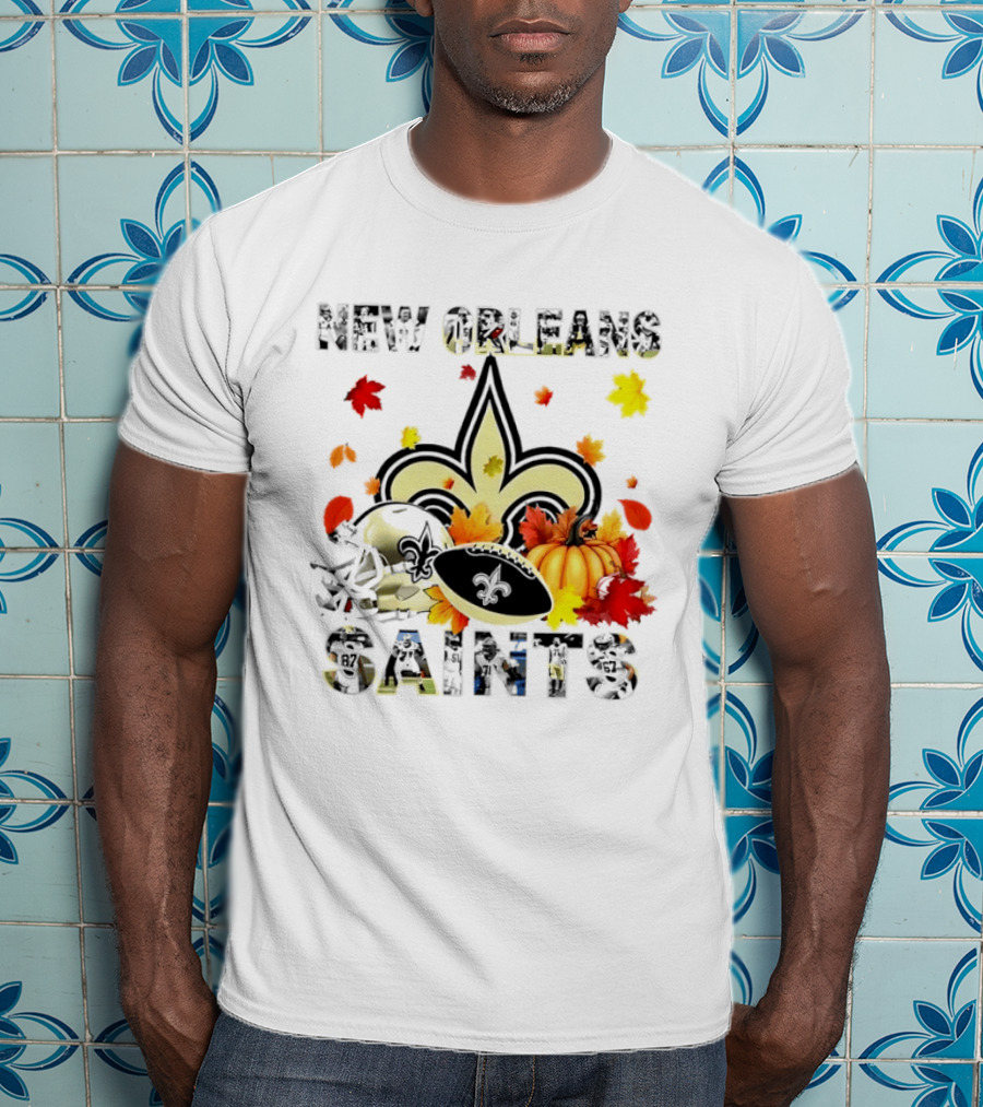 New Orleans Saints Autumn 2026 Pumpkin Leaves Football T-Shirt